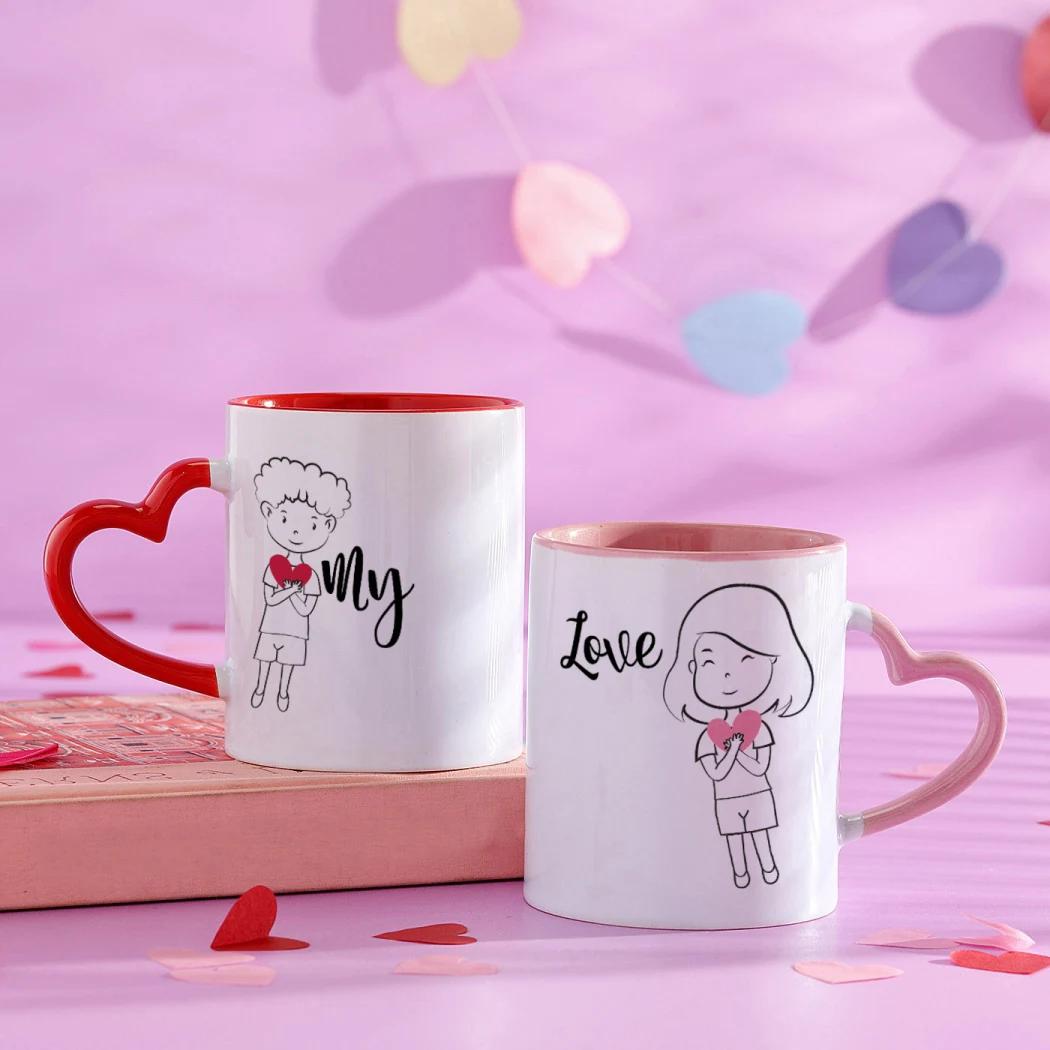 Couple Red Heart Handle Mugs